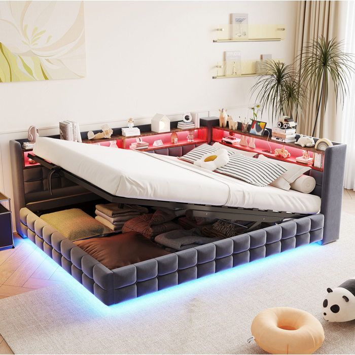 Canapé-lit multifonction 140 x 200 cm en velours gris avec coffre hydraulique étagères LED prise USB Type-C