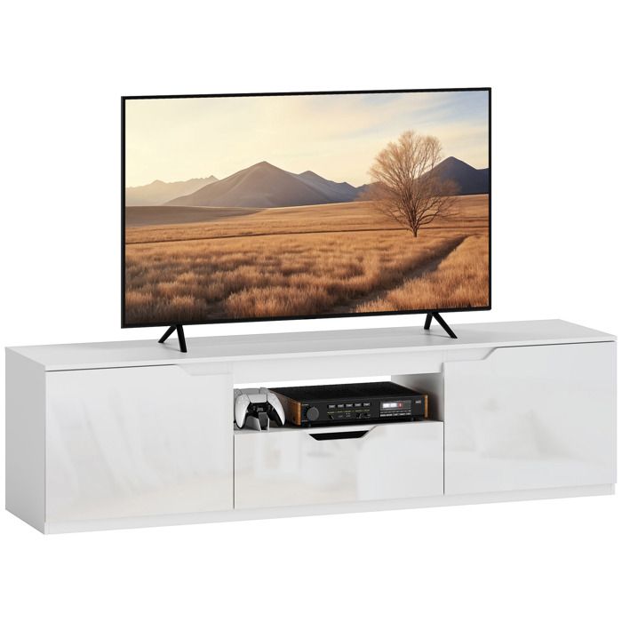 Meuble TV - HOMCOM - pour téléviseur jusquà 65 pouces - 2 portes et tiroir - bois - 160 x 38 x 43 cm - blanc Meuble TV - HOMCOM - pour téléviseur jusquà 65 pouces - 2 portes et tiroir - bois - 160 x 38 x 43 cm - blanc