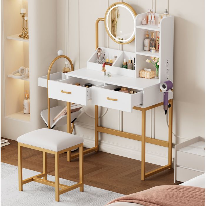 Coiffeuse Miroir LED 3 Modes 2 Tiroirs - TCQPZ - avec Tabouret 2 Prises et 2 USB Blanc et Or 80 cm