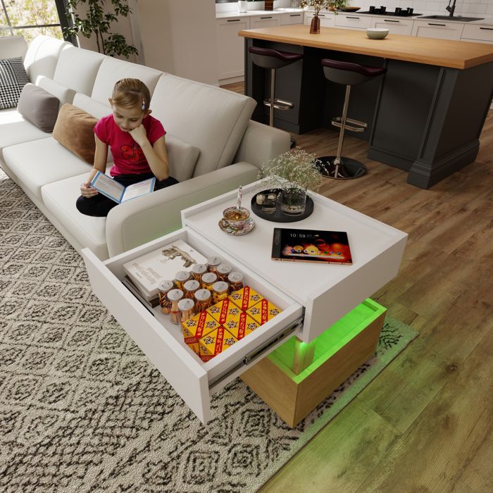 Table De Chevet 2 Tiroirs Blanc Bois Naturel Meuble De Nuit Industriel FloraGrace Pour Chambre Charge Sans Fil LED 50x40x50cm