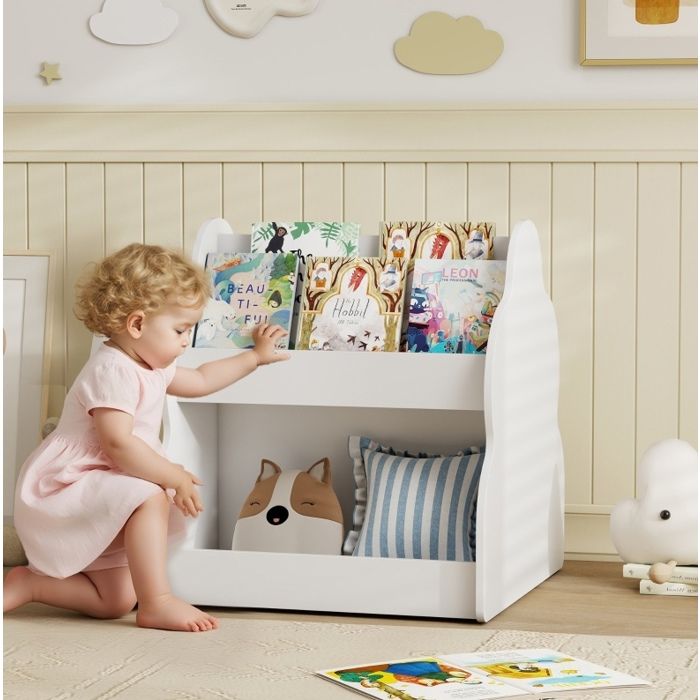 Bibliothèque Enfant Blanche Double Face Rangement 4 Étagères FloraGrace Pour Chambre Enfant Avec 4 Roulettes 54x50x56cm