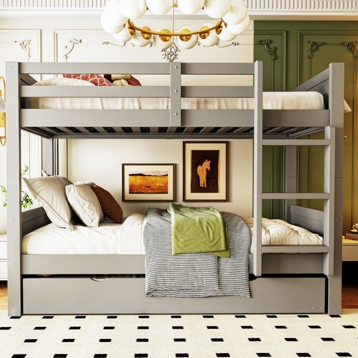 Lit superposé gris bois 90x200cm convertible lit simple/double sommier extensible à lattes barrière sécurité et échelle Sans Matelas