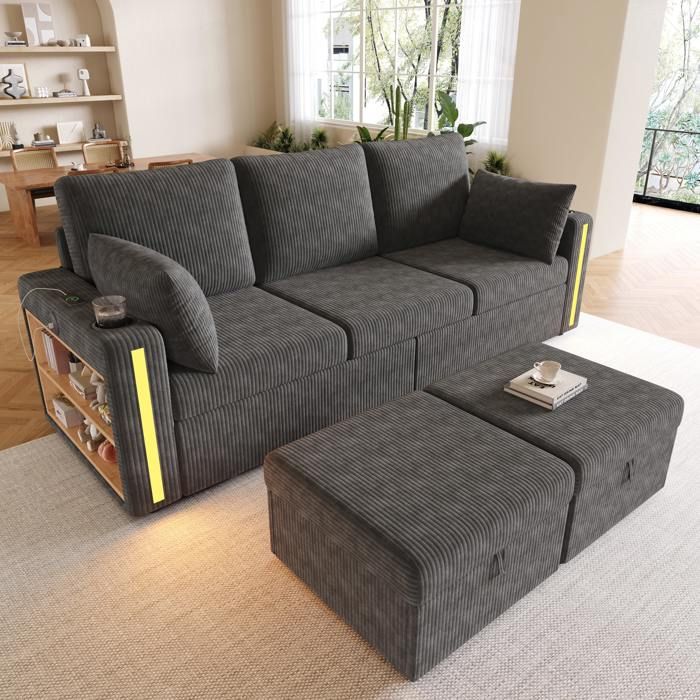 Canapé Modulable U/L 3 Places 190x130x85 cm 2 Poufs Coffres 2 Tiroirs LED App/Télécommande USB et Type-C Velours Côtelé - Gris