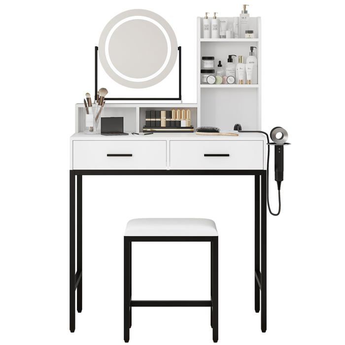 Coiffeuse avec 2 tiroirs 5 étagères miroir LED pivotant 360° Éclairage LED 3 Couleurs Chambre Multiprise Intégrée Blanc