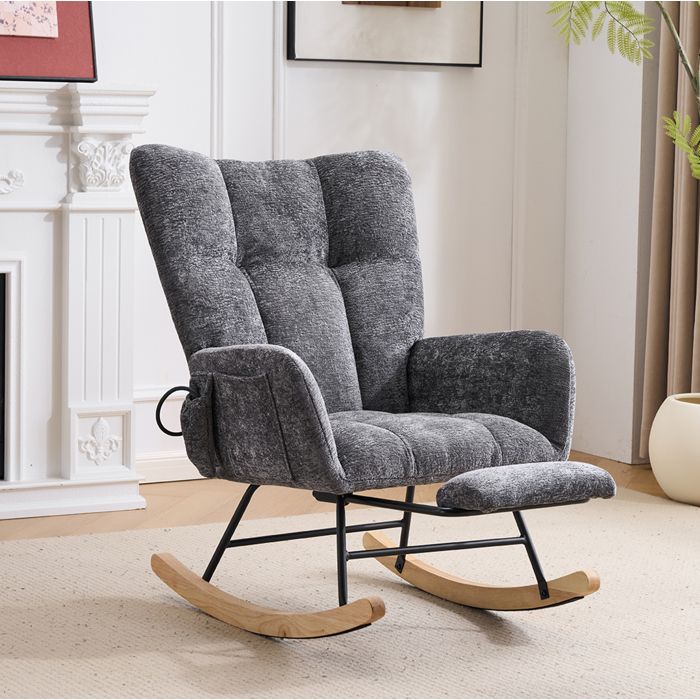 Fauteuil à bascule – Rocking chair en chenille gris foncé – Dossier haut accoudoirs repose-pieds
