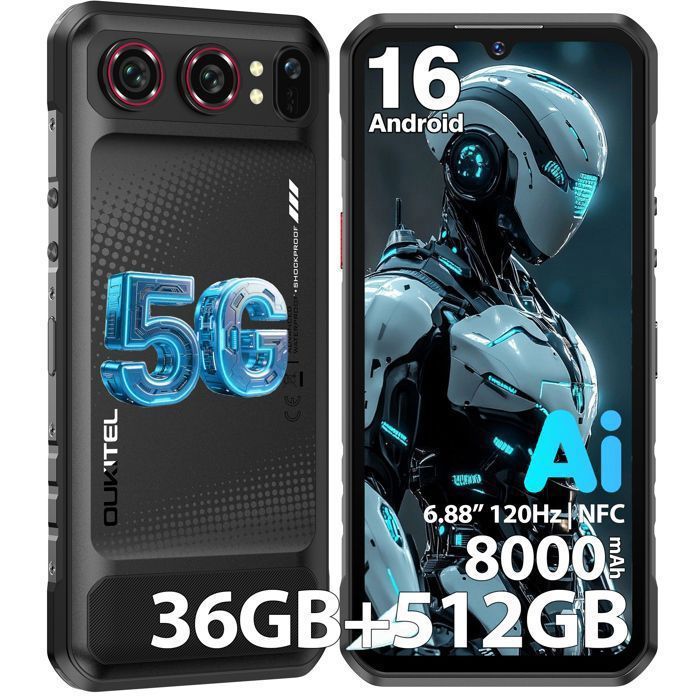 OUKITEL WP68 Air 5G Smartphone Robuste 36GB+512GB 8000mAh 688 120Hz IP68 64MP Téléphone Portable Incassable Double SIM NFC Noir