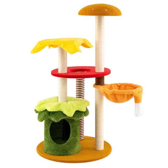 Design hamburger arbre à chat 46 pouces multi-niveaux avec niche panier suspendu et griffoirs en sisal