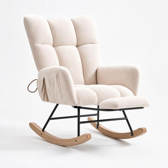 WIGTHVOY - Fauteuil à bascule de détente beige - Repose-pieds extensible dossier haut en chenille poche latérale salon et chambre