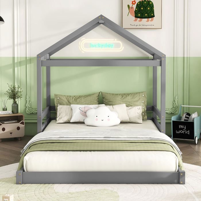 Lit cabane 140x200 cm enfant en pin gris sommier à lattes inclus lit maison scandinave structure bois sans matelas