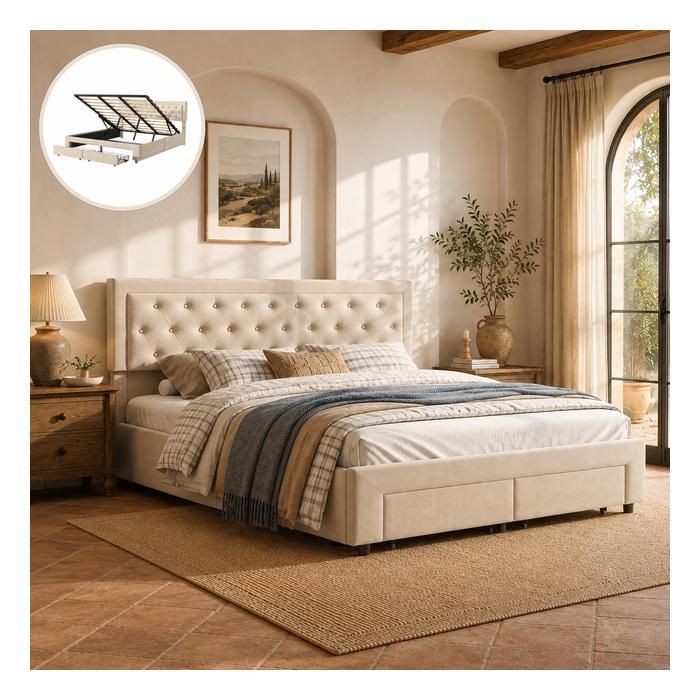 Lit coffre 160x200 cm velours beige tête capitonnée sommier à lattes coffre hydraulique tiroir à roulettes sans matelas
