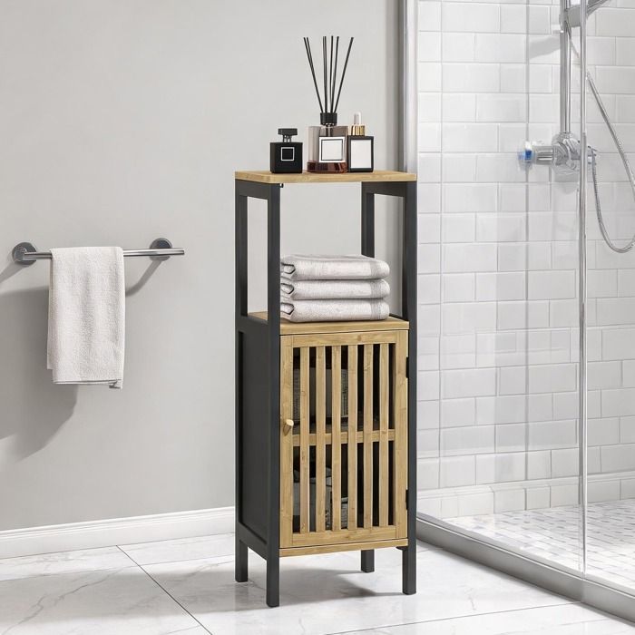 Meuble de salle de bain en bambou noir 32x30x905 cm - Rangement colonne avec placard et - Noir Bois 32 x 30 x 90.5 cm Ref E7YY75