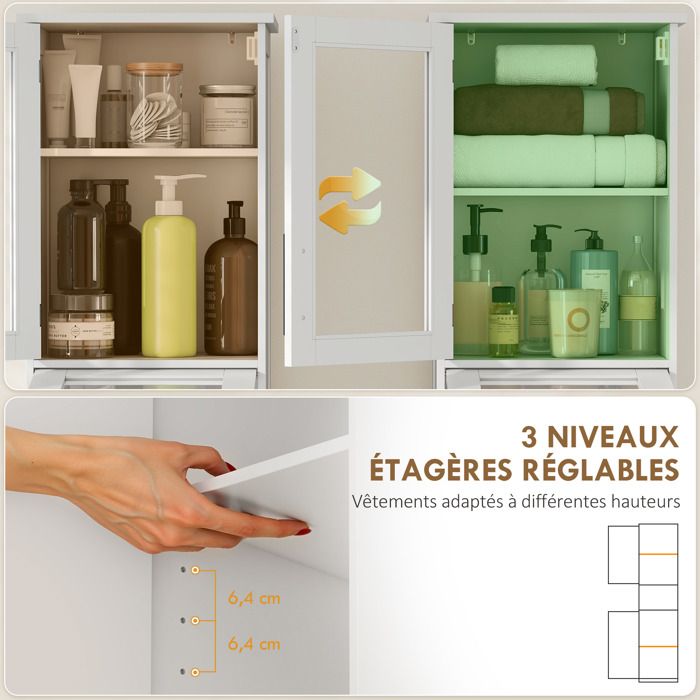 Meuble colonne salle de bain meuble de rangement avec tiroir 2 portes et étagère réglable 40 x 31 x 170 cm blanc