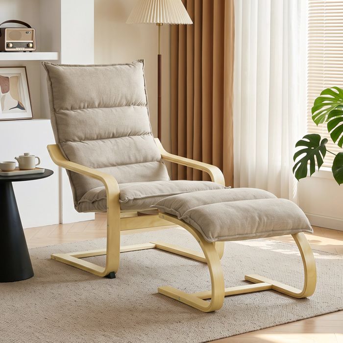 Fauteuil de Salon avec Repose-Pied Fauteuil dAppoint en Lin Assise Large Dossier Haut Bascule Douce Beige