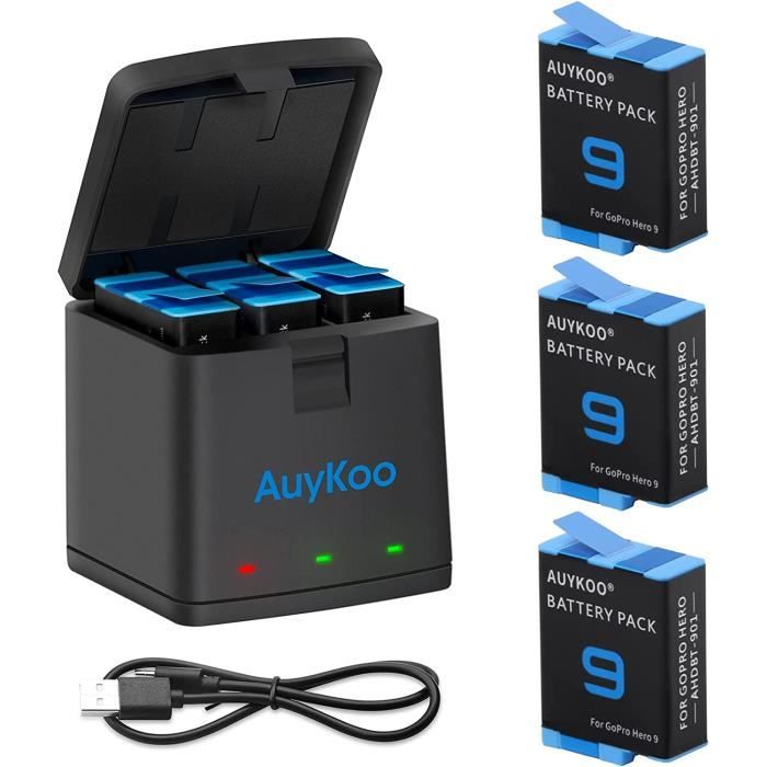 avec câble de Type C SLODA Pack de 3 Piles de Remplacement Hero 9 et Chargeur de boîte de Stockage USB à 3 canaux avec 3 Piles au Lithium-ION Rechargeables pour Batterie Gopro Hero 9 