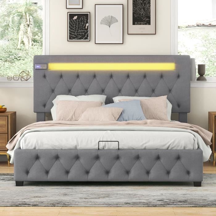 lit capitonné avec chargement usb, lecteur bluetooth et éclairage led, avec rangement, gris (140x200 cm), sans matelas