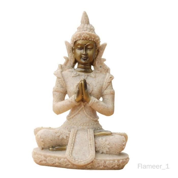 Statue Bouddha Thaï En Méditation - Sculpture Résine, Crème Et Or, Style Antique