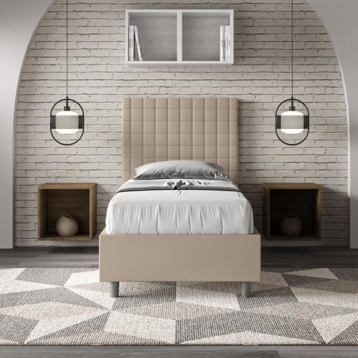Lit 1 place Sunny - SUNNY - 80x190 cm - Taupe - Tête de lit à motif - Design contemporain