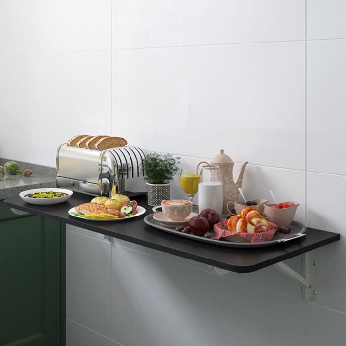 Table Murale LESAUDACES - Bois précieux Noir - Bureau mural pliable - 60*30*1.6cm - Blanc