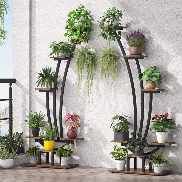 Lot De 2 Supports Plantes 5 Étages Métal Incurvé - Étagère Intérieur Jardin Balcon Avec Crochets Suspension