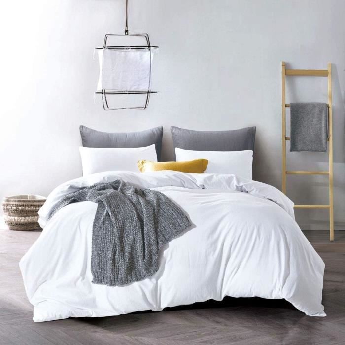 Parure De Lit 3 Pièces MOHAP – Housse De Couette 220x240cm Et 2 Taies 65x65cm – Blanc Microfibre