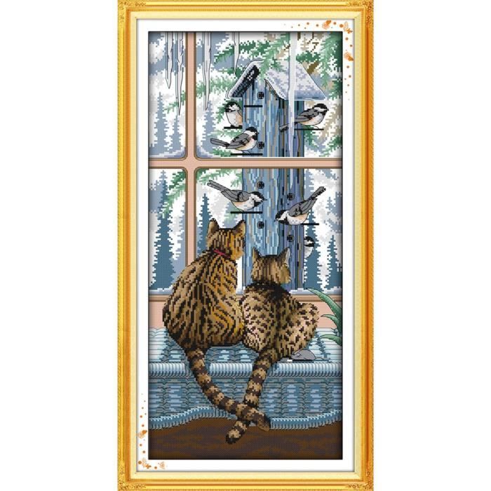 YEESAM ART Kit De Broderie Au Point De Croix Pour Chat Et Oiseau Devant La Fenêtre 14 CT 54 X 37 Cm DIY Broderie Kit De Toile Blanc