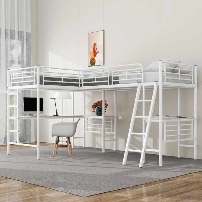 Lit superposé 90x200 cm lit adulte Lit jeune Lit Simple table sous le lit escalier double rampe haute blanc