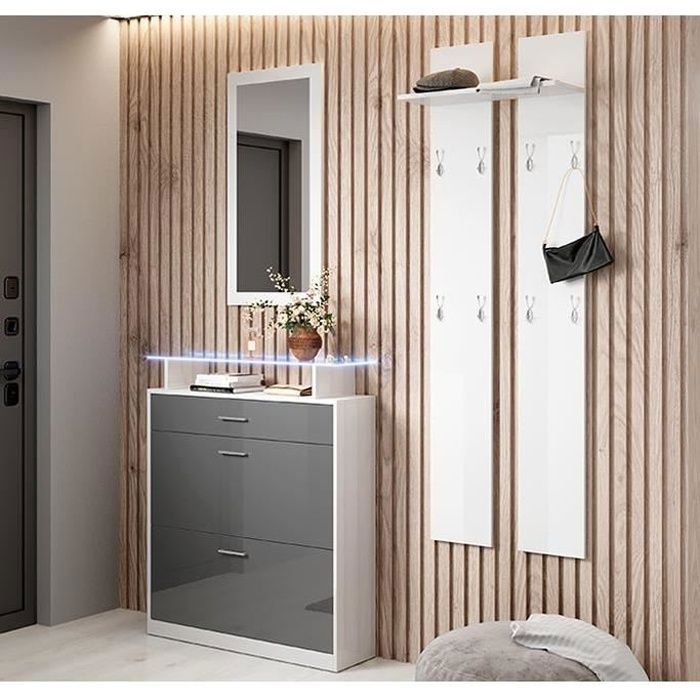 Design Ameublement - Ensemble dEntrée PAOLA - Miroir Porte-manteau Meuble à Chaussures - Blanc et Gris Brillant Design Ameublement - Ensemble dEntrée PAOLA - Miroir Porte-manteau Meuble à Chaussures - Blanc et Gris Brillant