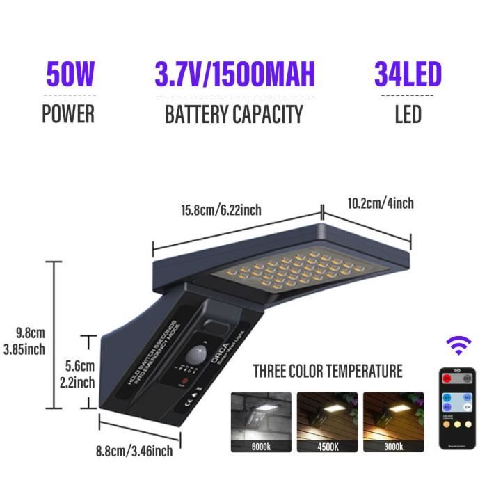 Lampe de jardin - Applique murale solaire LED - Étanche IP65 - Télécommande - Détecteur de mouvement