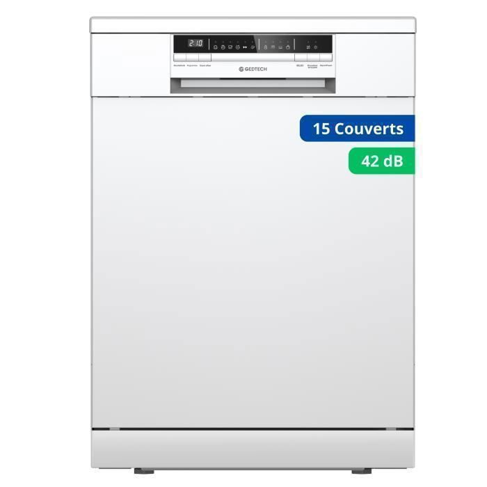 GEDTECH Lave-vaisselle GLV1542WH 15cv - Tiroir couverts - 42 dB - Ultra silencieux - Départ Différé - Eco - Faible conso Classe C - Gedtech