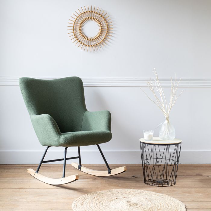 Fauteuil à bascule en tissu boucle vert kaki KAIRA Fauteuil à bascule en tissu boucle vert kaki KAIRA