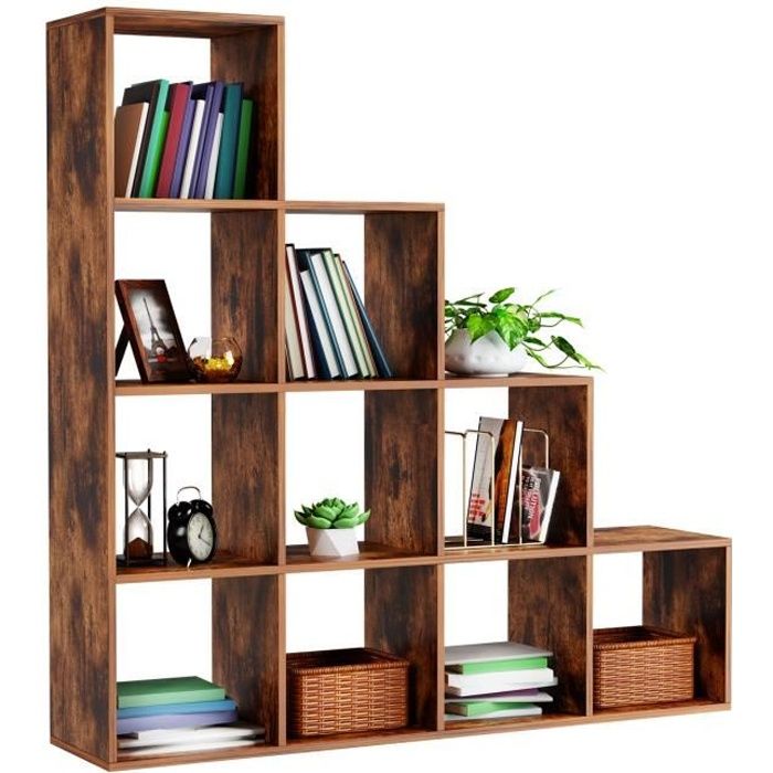 étagère d'escalier miadomodo® - 10 compartiments robuste en marron - meuble de rangement, bibliothèque