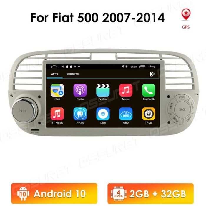 Lecteur multimédia Dvd de voiture Android 10 Quad Core pour FIAT 500 Radio multimédia intégré GPS NAVIGATION GPS DE VOITURE