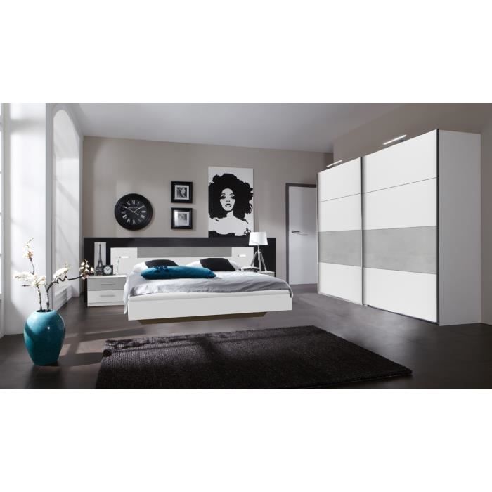 Ensemble chambre adulte Lit futon avec éclairage en Blanc, rechampis teinte béton gris clair - 160 x 200 cm