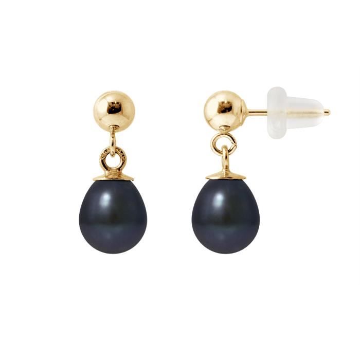 perlinea - boucles d'oreilles comète - véritables perles de culture d'eau douce poires 6-7 mm black tahiti - or jaune - bijoux