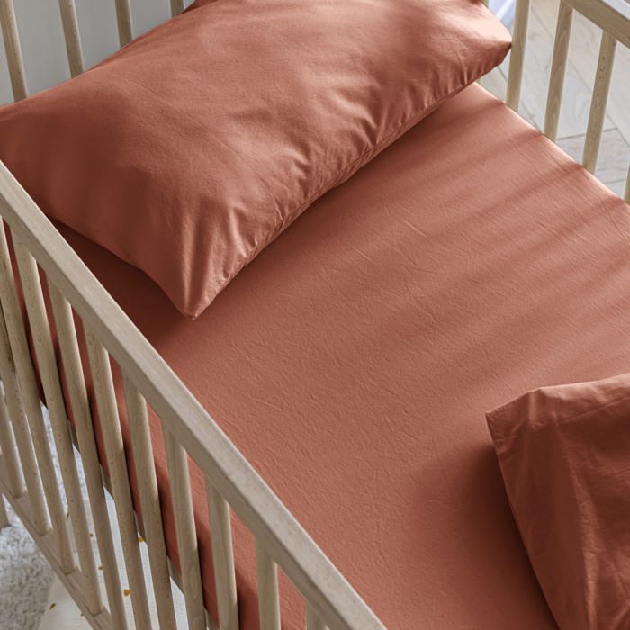Drap housse bébé coton lavé - SOMEO Terracotta 70x140 - Rouge terracotta - Someo