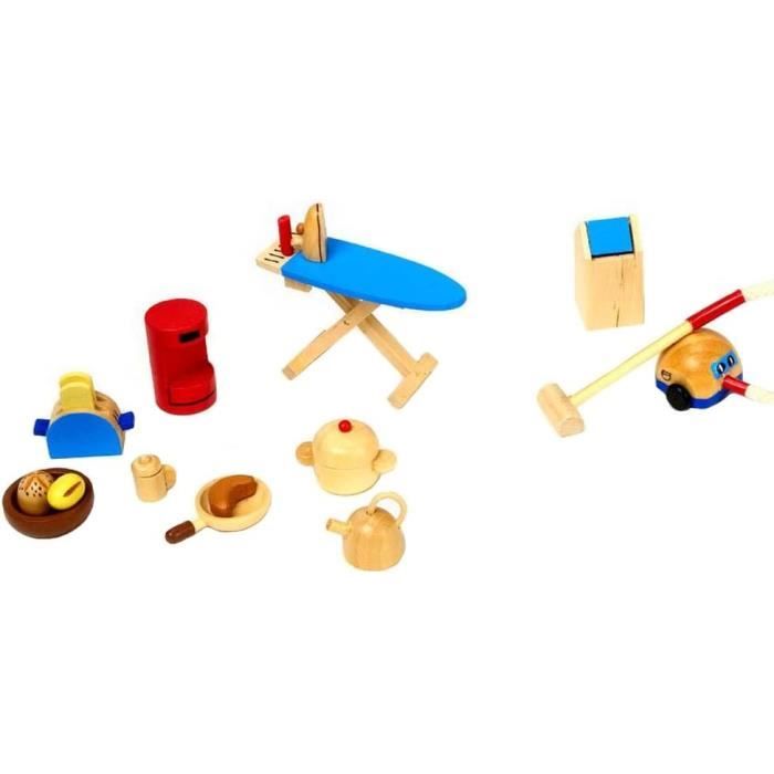 Accessoires Maison De Poupées - 19 Pièces Cuisine Miniature En Bois - Aspirateur, Table à Repasser