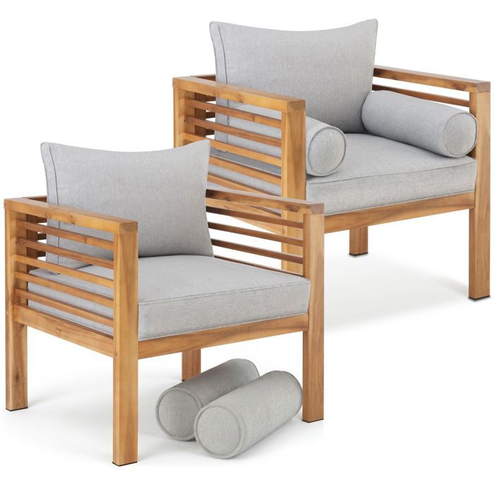 Fauteuils lounges - TECTAKE - Lot de 2 fauteuils de jardin BOKA en bois lasuré résistant aux UV et intempéries - Marron/Gris