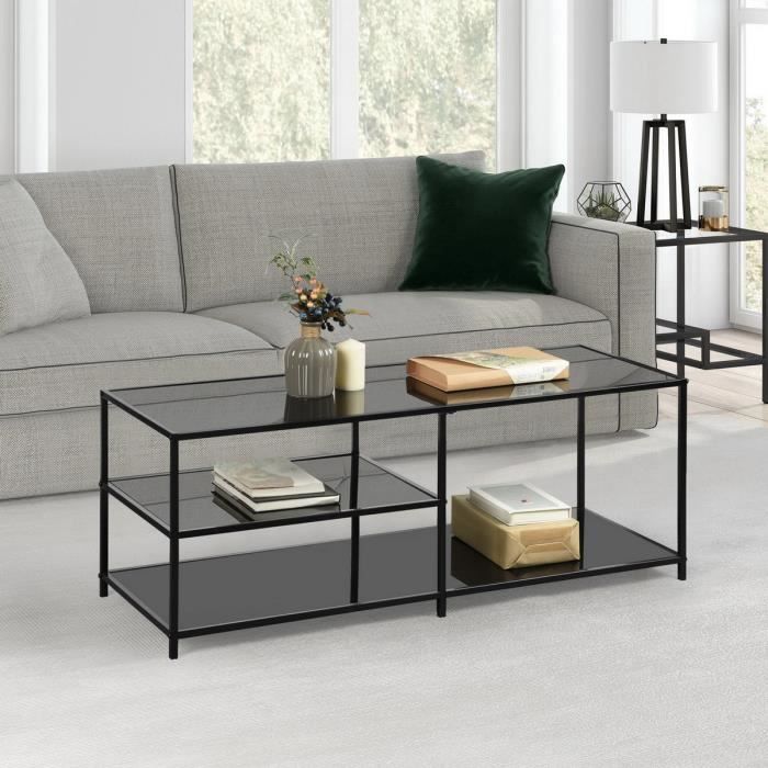 Table Basse Rectangulaire en Verre Noir Trempé au Design Moderne - avec Support de Rangement - 110*40*42cm Table Basse Rectangulaire en Verre Noir Trempé au Design Moderne - avec Support de Rangement - 110*40*42cm