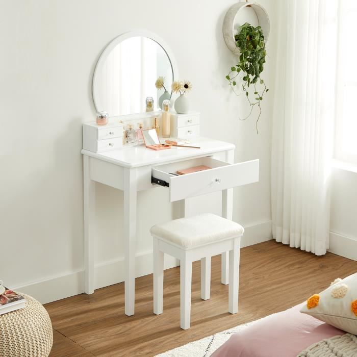 Vasagle Coiffeuse Avec Miroir 5 Tiroirs Tabouret Pieds En Bois Massif 70 X 40 X 134 Cm Blanc Rdt152w01 Cdiscount Maison