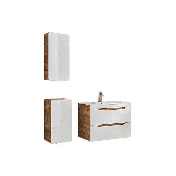 Meuble de salle de bain suspendu avec vasque à encastrer et deux colonnes - 80 cm - Coloris naturel et blanc - ARUBA