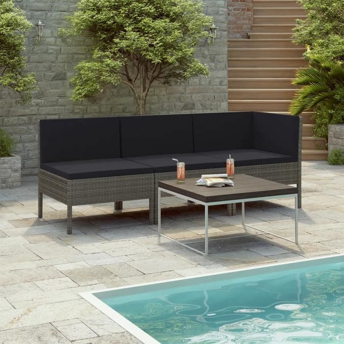 vidaXL Salon de jardin 3 pcs avec coussins Résine tressée Gris 310204