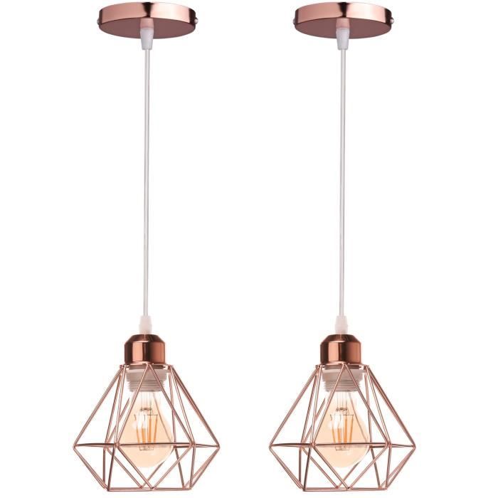 UNI 2PCS Lustre Suspension E27 16CM Cage Diamant en Métal Doré Rose Plafonnier Luminaire pour Couloir Escalier Chambre