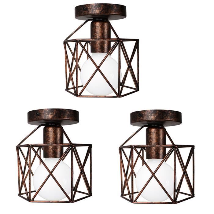 Plafonnier Cage Carré Rouille - WOTTES - UNI - 3 ampoules - Style Campagne