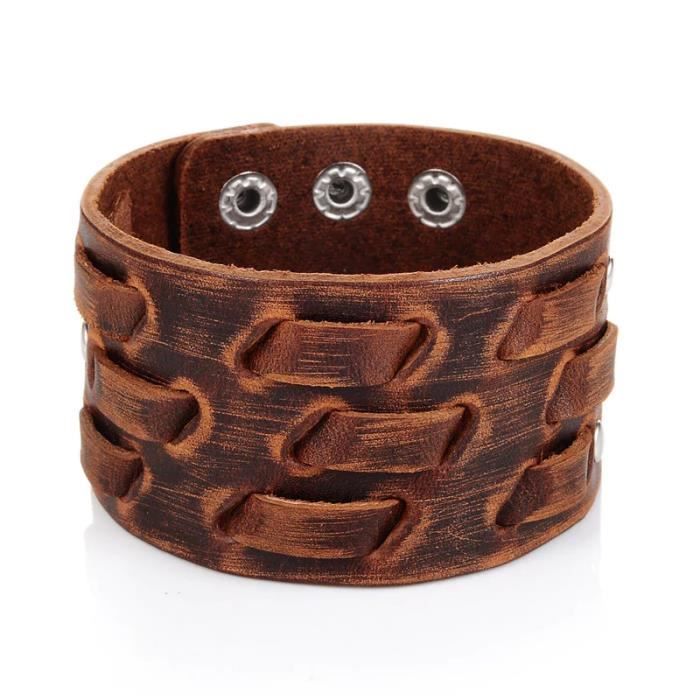 Lot De 3 Bracelets En Cuir Pour Homme - 1 Manchette Force + 2 Bracelets Noir Et Marron