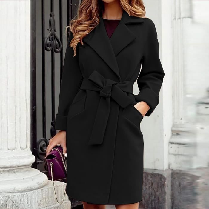 Manteau Femmes Automne Et Hiver Revers De Laine Trench Veste Long Pardessus Outwear Le noir