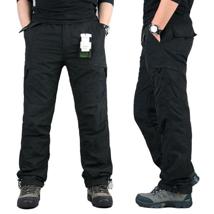 Pantalon Cargo Homme Hiver Multi-poches Regular Droit Doublé Polaire  Pantalon de Travail en Coton Couleur Unie