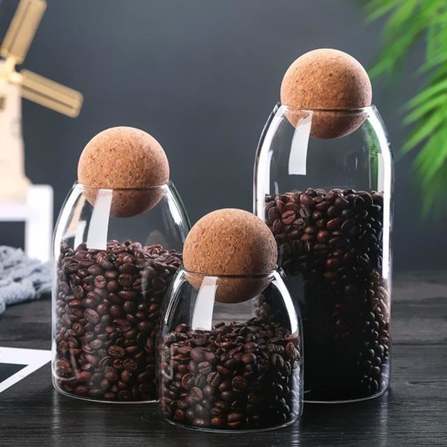 Lot 2 bocaux verre 800 ml avec liège et boule, hermétiques, pour café