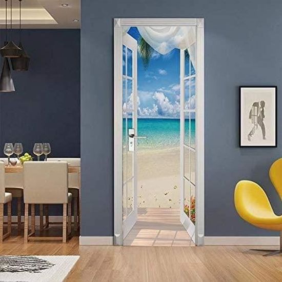 Sticker Mural Porte 3D Trompe L'Oeil Mer - Autocollant Vinyle Auto-Adhésif 73x205 Cm Pour Décoration Chambre, Salle De Bain & Maison