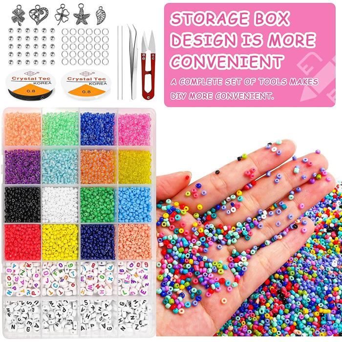 Kit Perles Bracelet DIY – 1400 Pièces : Perles Verre 6mm, Espaceurs Or/argent, Charmes, Fil élastique – 28 Couleurs, Boîte Rangement