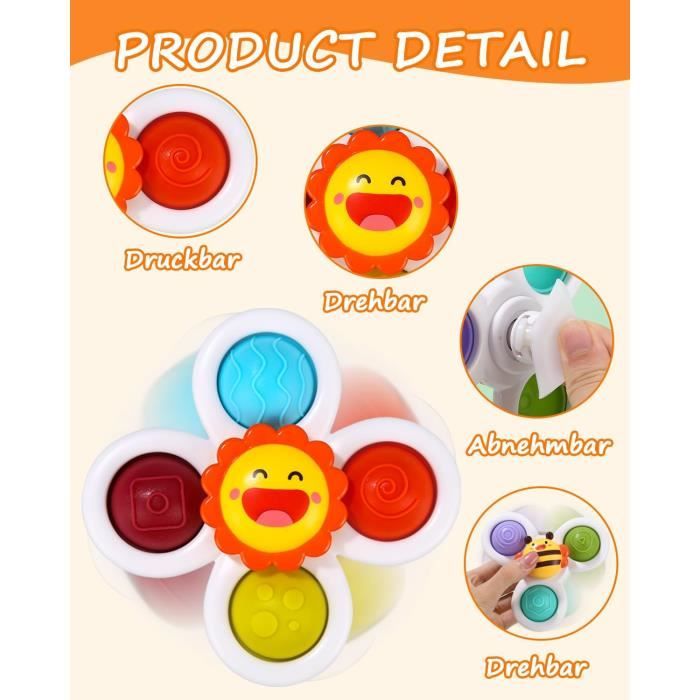 Jouets Ventouse Pour Bébé - 3 Spinners Colorés, Bain Et Voyage, éveil Sensoriel